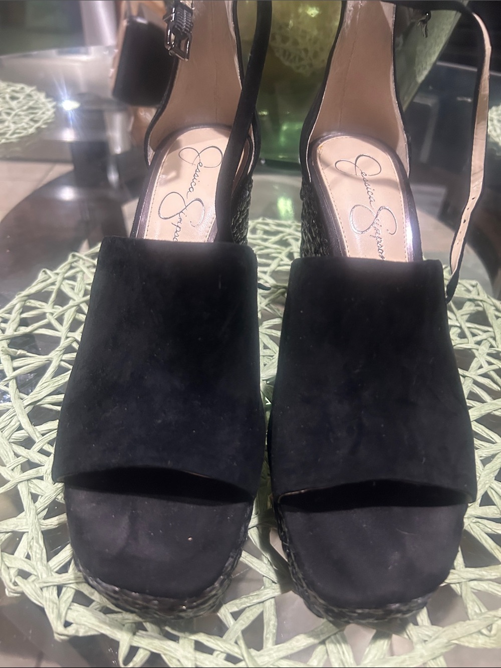 Jessica Simpson Black Suede Wedge Sandals with Ankle Strap